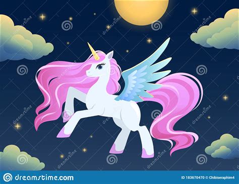 Magic Cartoon Unicorn Pegasus On Night Sky Stock Vector Illustration