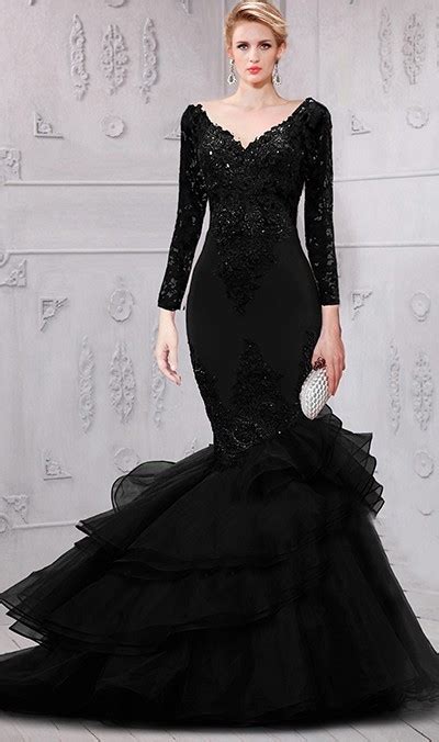 Mermaid V Neck Black Organza Ruffle Lace Long Sleeve Evening Prom Dress