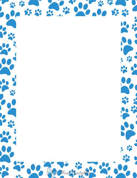 Printable Blue On White Random Paw Print Page Border