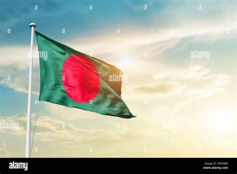 Bangladesh National Flag Waving In Beautiful Sky 3d Waving Flag Of