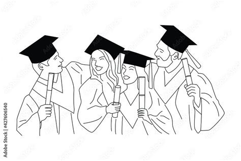 A Linear Drawing Group Of Cheerful Young Happy Graduate Male And Female