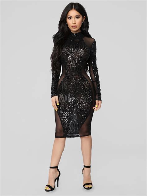 Sexy Bodycon Dress Sequin Black Party Dress Long Sleeve Backless Sheer
