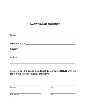 An employee advance form is a document that an employee uses to get an advance payment for the services that he or she is to render in the future. Salary Advance Agreement - Fill Online, Printable ...