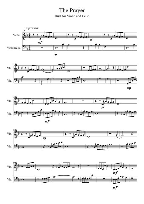 From beginner violin to advanced violin music, ensembles include solo violin, violin duets (two violins and more), music with piano accompaniment as well as any other combination. The Prayer Violin and Cello Duet sheet music for Violin, Cello download free in PDF or MIDI