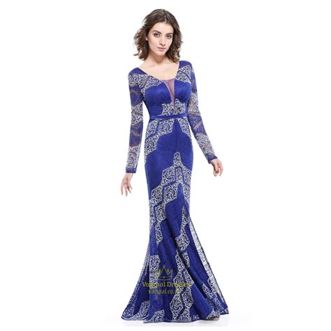 Blue Lace Overlay Long Sleeves Prom Dress With Embellished Plunge Neck