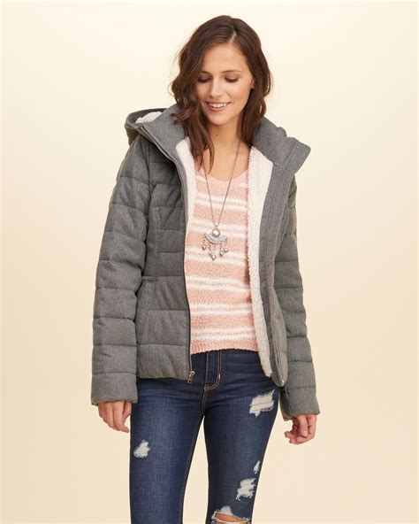 Hollister Sherpa Lined Puffer Jacket In Gray Lyst