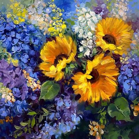 An Oil Painting Of Sunflowers And Hydrangeas