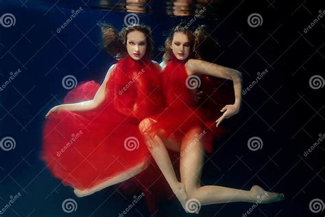Underwater Portrait Ot Two Young Beautiful Girls Stock Image Image Of