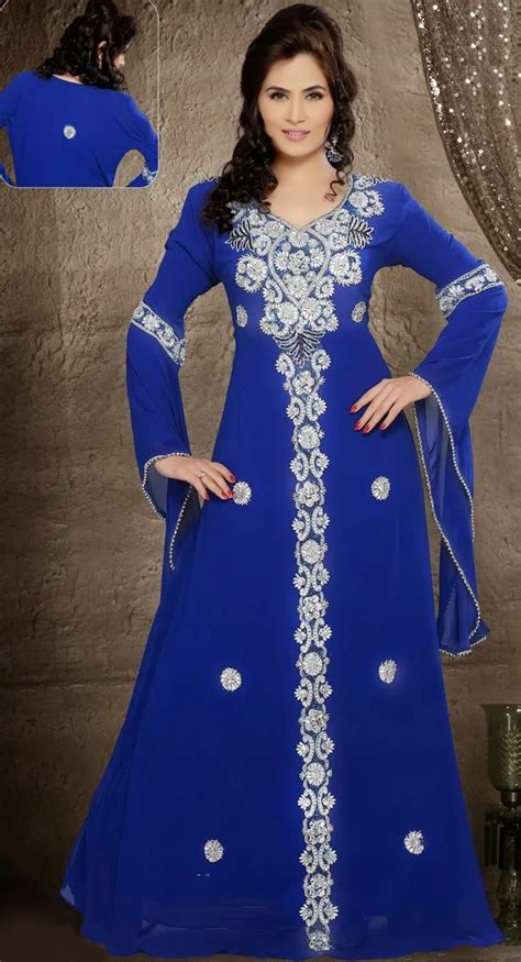 Royal Blue Chiffon Arabic Evening Dress Kadisua Beads Long Sleeves
