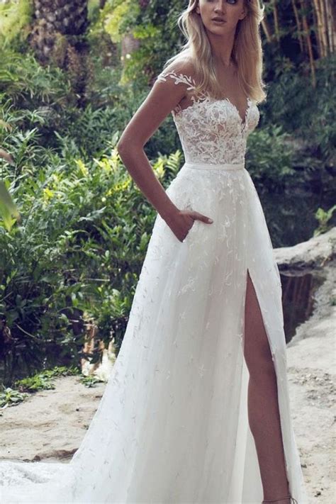 Current trends have bride's wearing. Lace Boho Off The Shoulder Cap Sleeves Long Country Slit ...