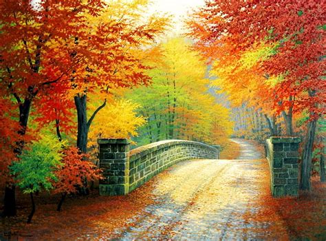 Autumn Light Fall Bridge Painting Colors Trees Hd Wallpaper Peakpx
