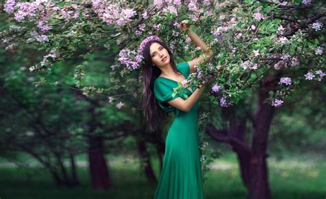 Women Outdoors Women Long Hair Brunette Nature Green Dress Flower Crown Dress Trees