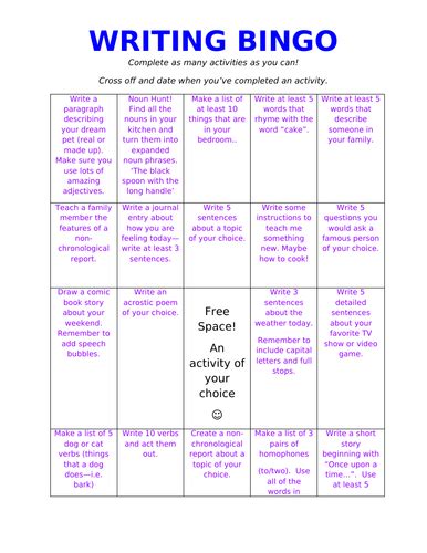 Ks2 Writing Bingo Activity Teaching Resources