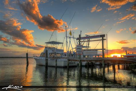 Ponce Inlet Marina Dock Fishing Boat At Sunset Royal Stock Photo