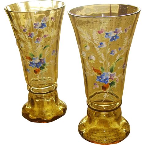 Beautiful Pair Of Amber Bohemian Art Glass Vases From Chelseaantiques