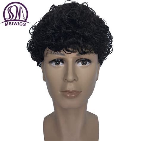 Msiwigs Curly Mens Synthetic Wigs Natural Male Afro Black Short Wig