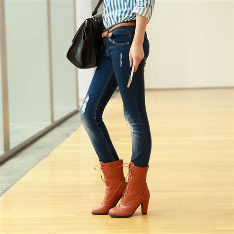 platform thick with low heel round toe lace up mid calf pu leather retro women boots on luulla