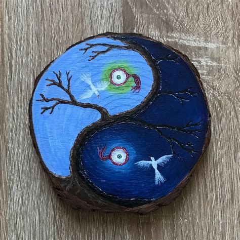 Yin Yang Tree Of Life Wood Slice Painting Original Acrylic Art Etsy