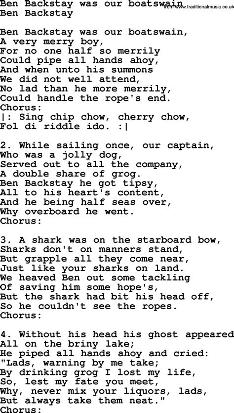 Ben Backstay Was Our Boatswain Sea Song Or Shantie Lyrics