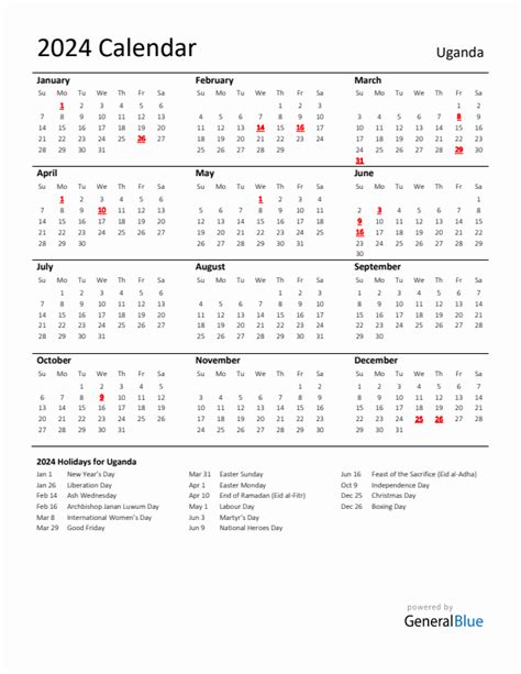 2024 Uganda Calendar With Holidays