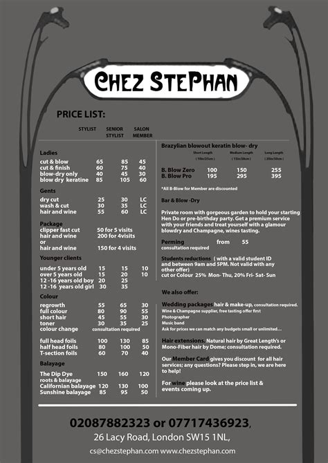 We have an enormous range of exceptional designs for you to choose from. Chez Stephan - Hair Salon price list June 2016 - Chez Stephan