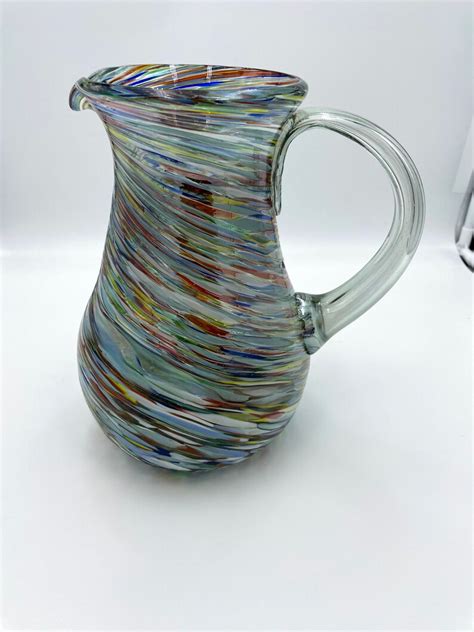 Hand Blown Mexican Glassware Twisted Confetti Pitcher Etsy