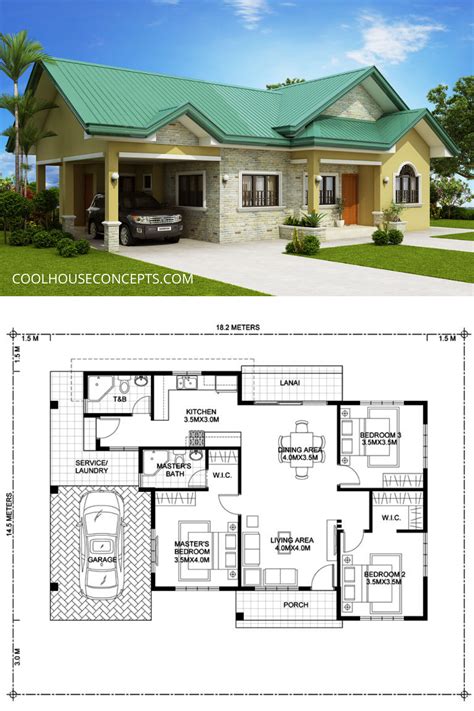 Small Bungalow House Design And Floor Plan With 3 Bedrooms Modern