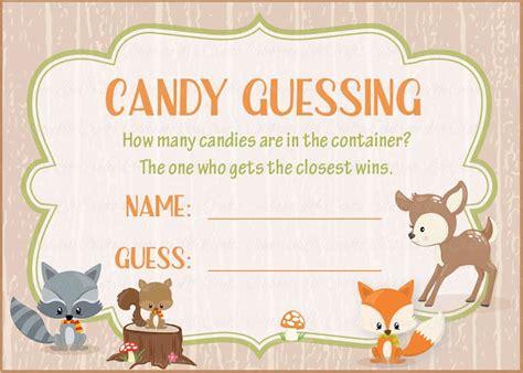 It works great as an ice breaker or even a door prize game where winner takes all. Candy Guess Baby Shower Game - Forest Animals Woodland ...