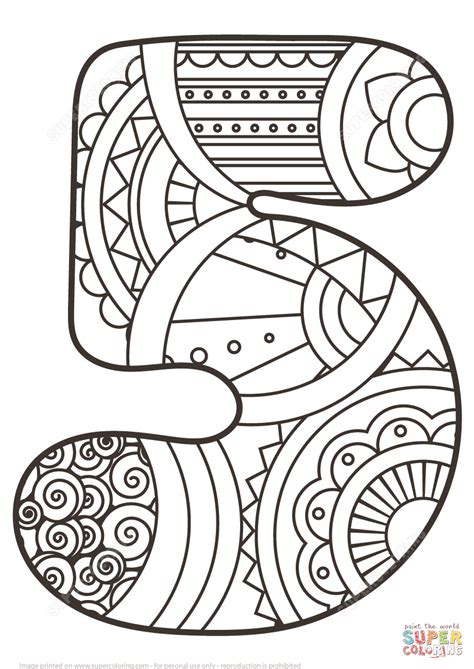 Gambar Number 5 Zentangle Coloring Page Free Printable Pages Click