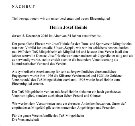 Nachruf für unser Ehrenmitglied Josef Heinle - TuS Mingolsheim