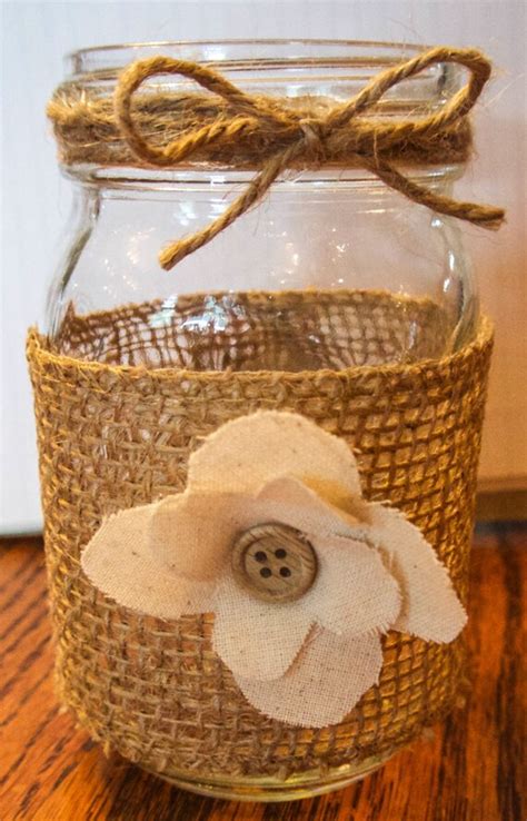 Rustic Mason Jar With Burlap Twine Cloth Fabric And Wooden Etsy