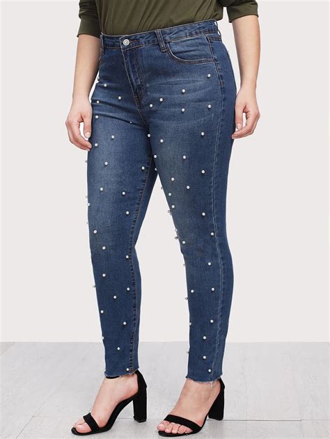 Shein Plus Pearl Beaded Raw Hem Jeans In Embellished Jeans Raw