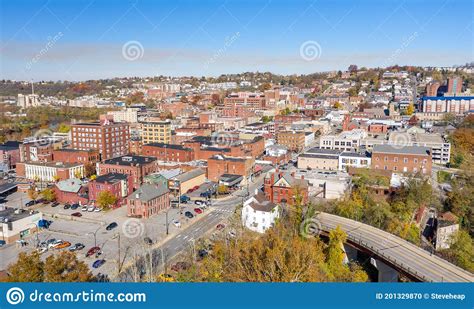 Aerial Drone Panorama Of The Downtown Area Of Morgantown West Virginia