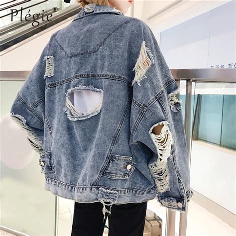 Plegie Ripped Holes Denim Jacket Women Harajuku Vintage Loose Jeans