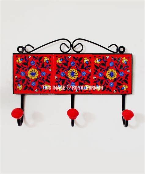 Decorative wall hooks multi pack. Red Multi Color Floral Hand Painted Motifs Decorative Wall Hook - RoyalFurnish.com