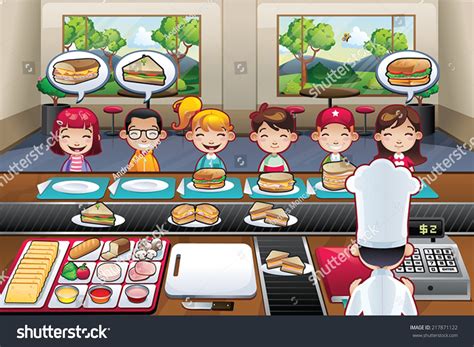 Restaurant With Boys Girls Kids Cartoon Indoor Vector Illustration Fast