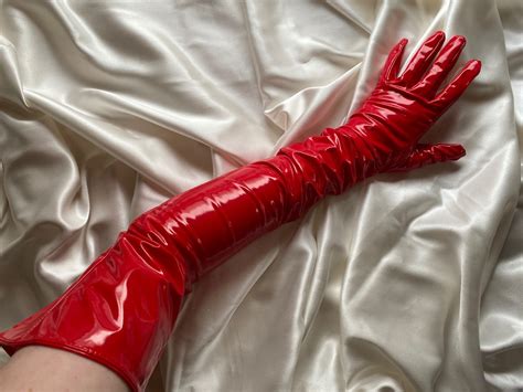 RED PATENT Pvc Vinyl Gloves Alt Patent Faux Leather Extreme Length Opera Long Glove Fashion