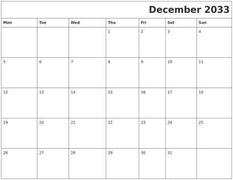 December 2033 Download Calendar