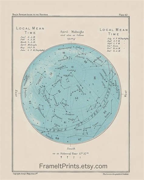 Antique April Star Chart 1955 Reproduction Print Ready To Mat And