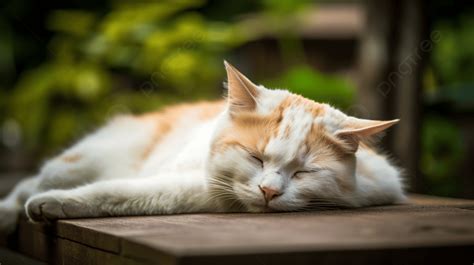 Orange And White Cat Sleeping On Table Outdoors Background Relaxing