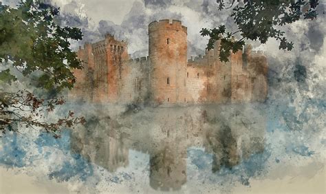 Watercolor Painting Of Medieval Castle At Sunrise Landscape Photograph