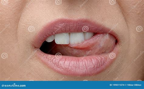 Woman Licks Her Lips Close Up Gentle Female Tongue Licks Beautiful