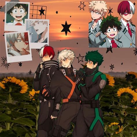 Some Anime Characters Are Standing In Front Of Sunflowers With Pictures