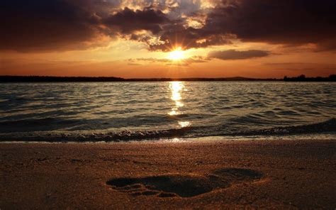 Water Sunset Landscapes Beach Footprint Wallpaper