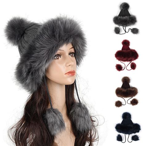 Faux Fox Fur Knit Hat Ushanka Russain Cossack Fluffy Pompom Bomber Hats