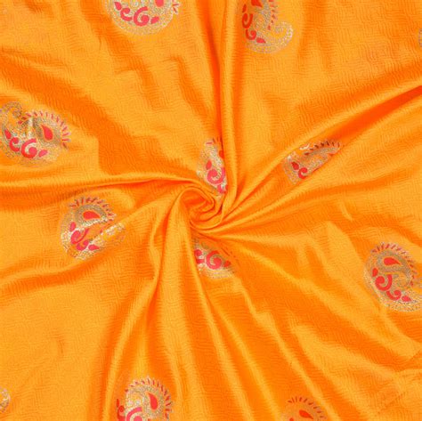 Buy Orange Pink And Golden Paisley Banarasi Brocade Silk Fabric For