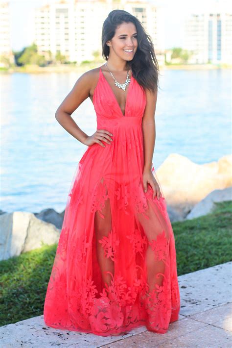 Coral Floral Tulle Maxi Dress With Criss Cross Back Maxi Dresses