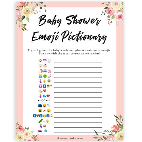 Baby Emoji Pictionary Printable Spring Floral Baby Shower Games