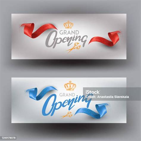 Grand Opening Invitation Banners With Curly Cut Ribbons Vector