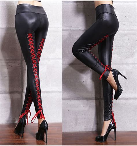 Matte Female High Waist Rear Leg Lacing Faux Leather Leggings Pants